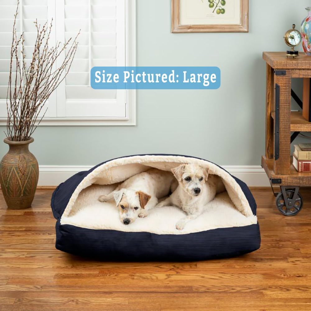 Snoozer Rectangle Cozy Cave Dog Bed - Indoor Dog Bed with Cover Cave, Covered Calming Burrow for Medium & Large Sized Pets with Blanket Attached, Enclosed, Washable - Large, Navy - Pet Explorer
