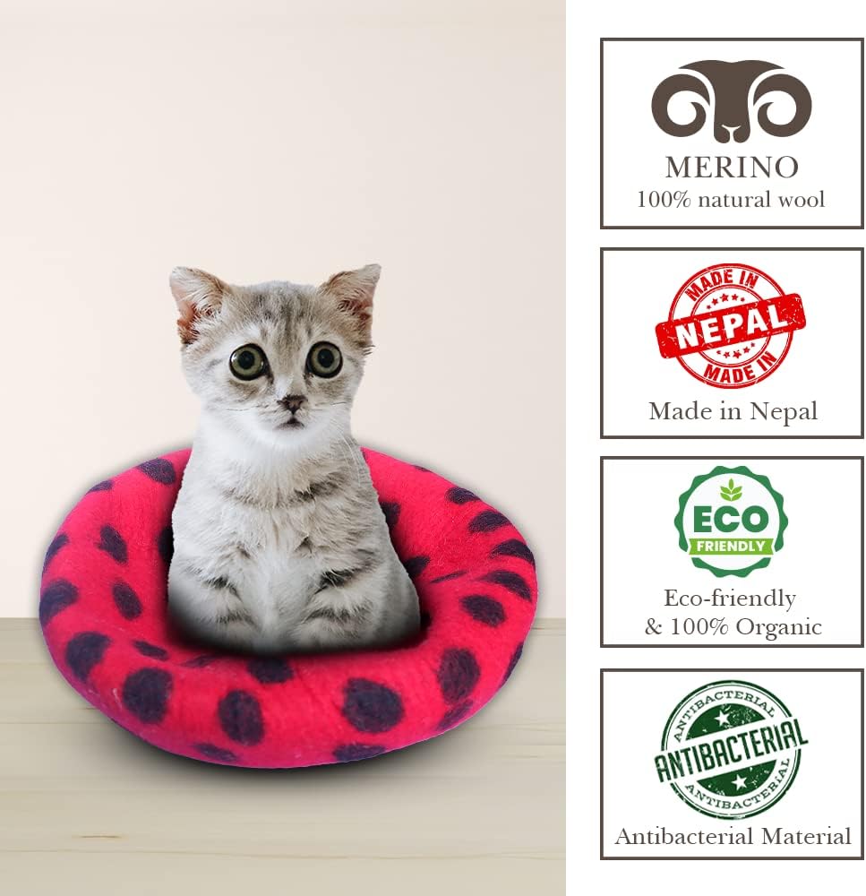 Woolygon Premium Felt Cat Cave Bed - Polka Dot Series - Wool Kitty Beds Handcrafted Kitten Caves Bed for Indoor Cats - Eco-Friendly Merino Wool, Foldable Cat Hideaway Cat Houses (Red/Black Dots) - Pet Explorer