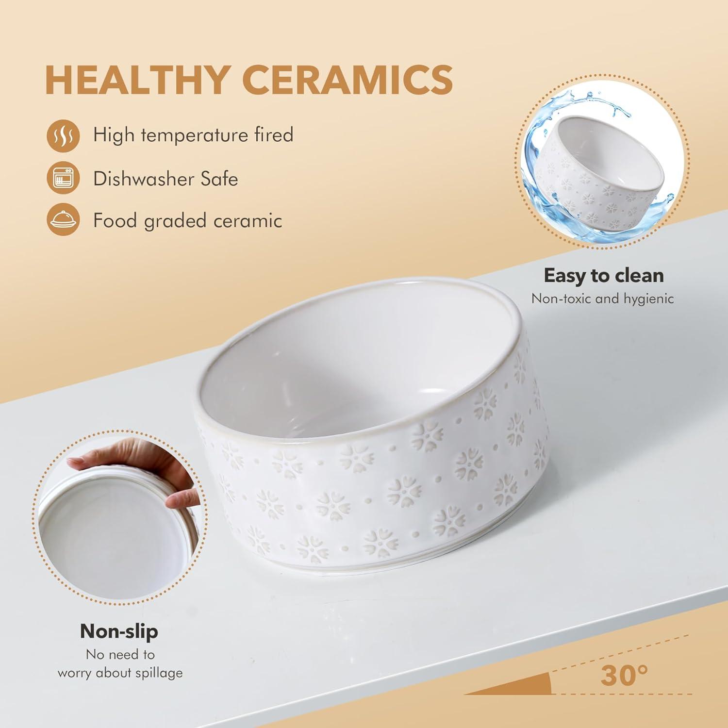 8.2inch Ceramic Raised Double Bowls Set with Acacia Wooden Stand, Food & Water Bowls for Large Breed Dogs, Weighted Dog Dishes, Pet Bowl(60OZ, Arctic White) - Pet Explorer
