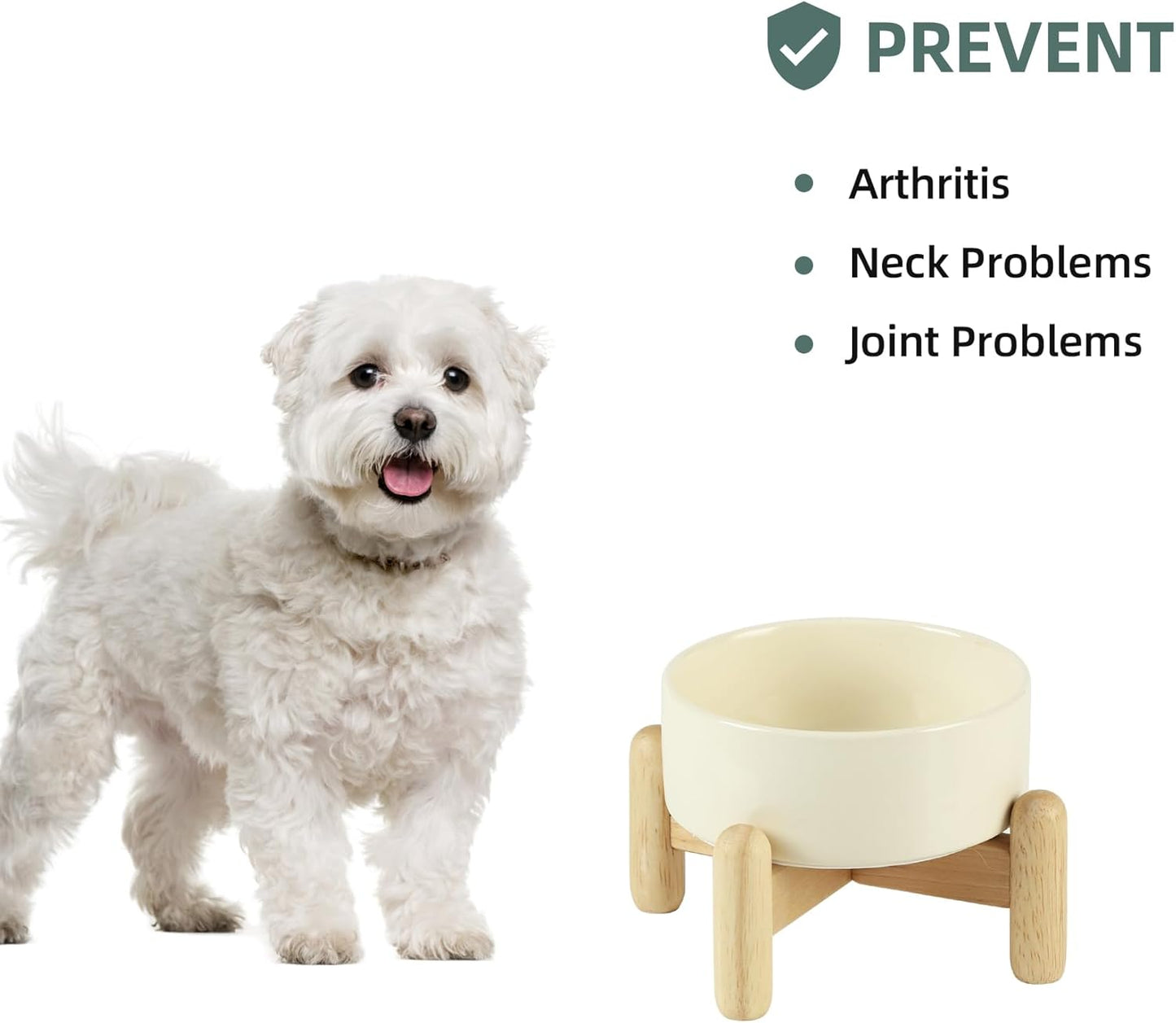 Ceramic 5.1inch Raised Dog and Cat Bowl Set, Elevated with Wooden Stand, Food and Water Bowl for Small Breed Dogs, Cats, Kitty, Weighted Dog Dishes, Pet Bowls(13.5oz, Beige) - Pet Explorer