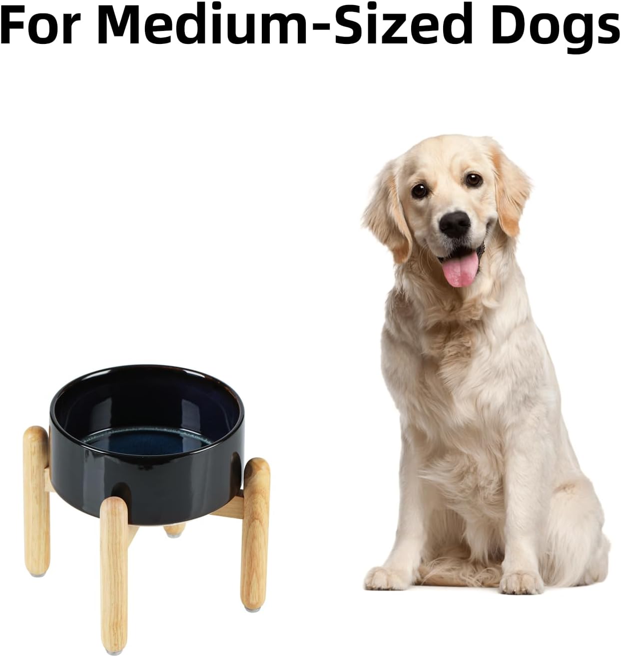 Ceramic 7.3inch Raised Dog Bowl Set, Elevated with Wooden Stand, Food and Water Bowl for Medium Breed Dogs, Weighted Dog Dishes, Pet Feeder(Starry Sky) - Pet Explorer