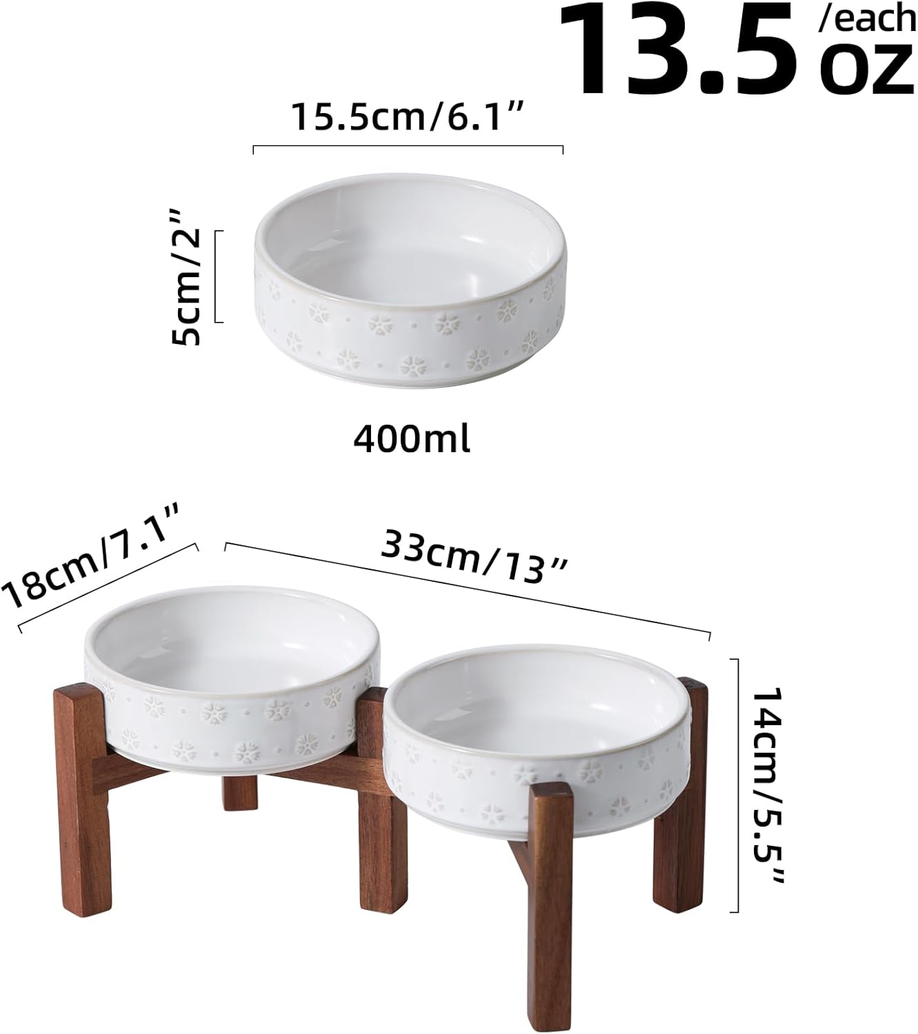 6.1inch Ceramic Raised Double Bowls Set with Acacia Wood Stand, 2 Heights Elevated, Food & Water Bowls for Toy Breed Dogs, Kitty, Cats, Pet Bowl(13.5OZ, Arctic White) - Pet Explorer