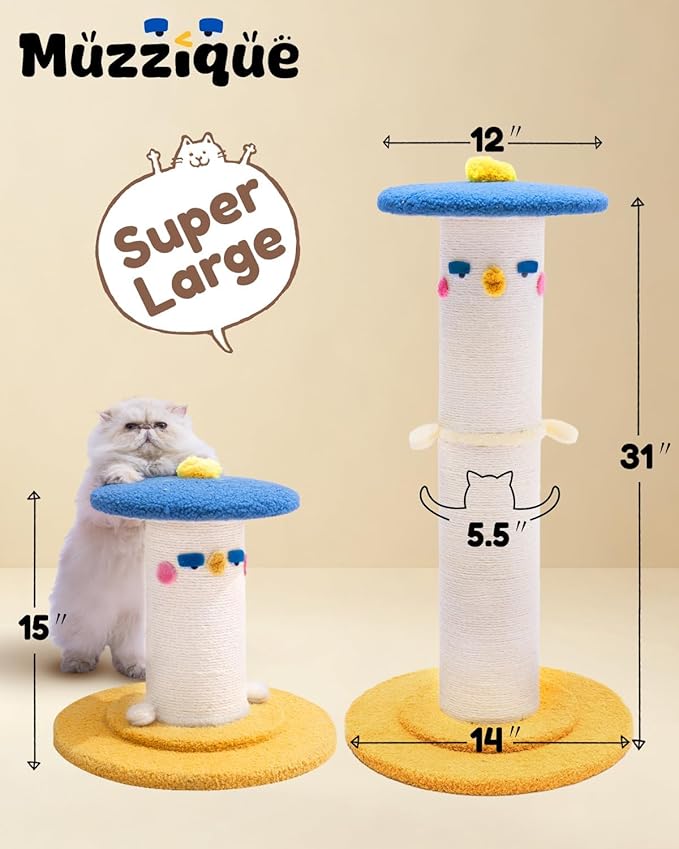 Cat Scratching Post, 31 inch Tall Thicker Scratch Post w/Perch, Full Strectch for Indoor Cats, Adult/Kitten/Kitty Sisal Rope Scratcher, Large Play Toy Stand, Cute Adjustable Heights Furniture
