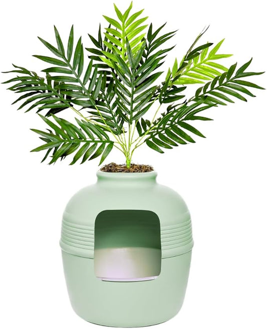 Good Pet Stuff Hidden Litter Box Planter, Decorative Cat Litter Enclosure with Carbon Filter, Artificial Plant, Easy Clean, Removable Liner, Round Style, Essentials Kit, Sage Green