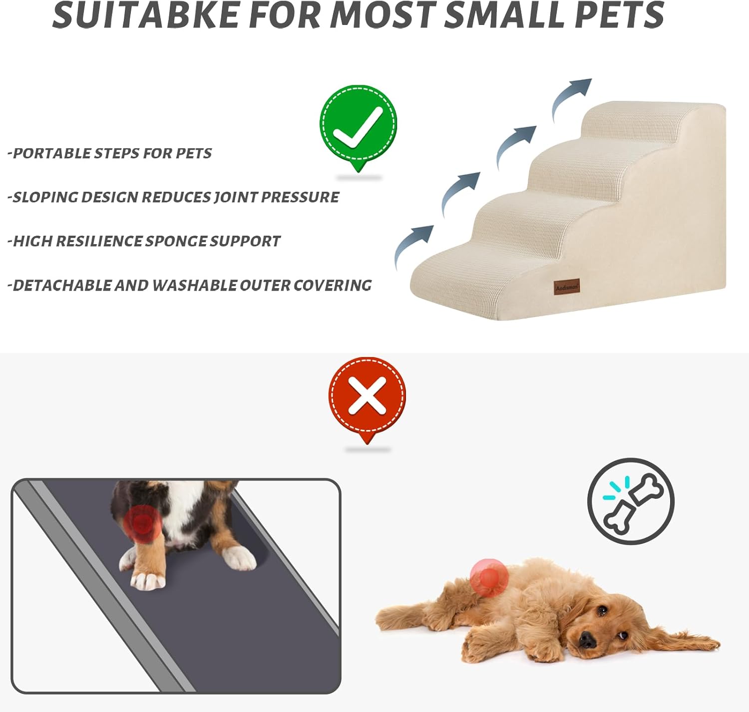 4-Step Dog Stairs and Ramp for Beds or Couches,Non-Slip Sturdy Pet Steps for Small Dogs and Cats,17.4" H,Beige - Pet Explorer