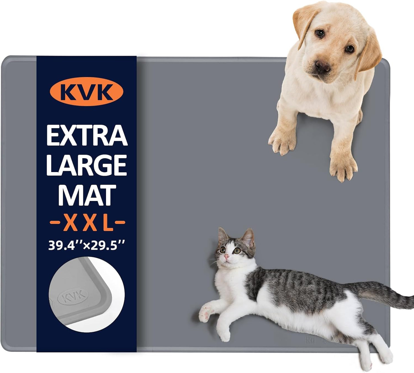 KVK Dog Food Mat, 39.4×29.5in Extra Large Silicone Pet Feeding Mat - Waterproof, Non - Slip, Chew - Resistant for Food & Water, Protect Floors (Light Gray) - Pet Explorer