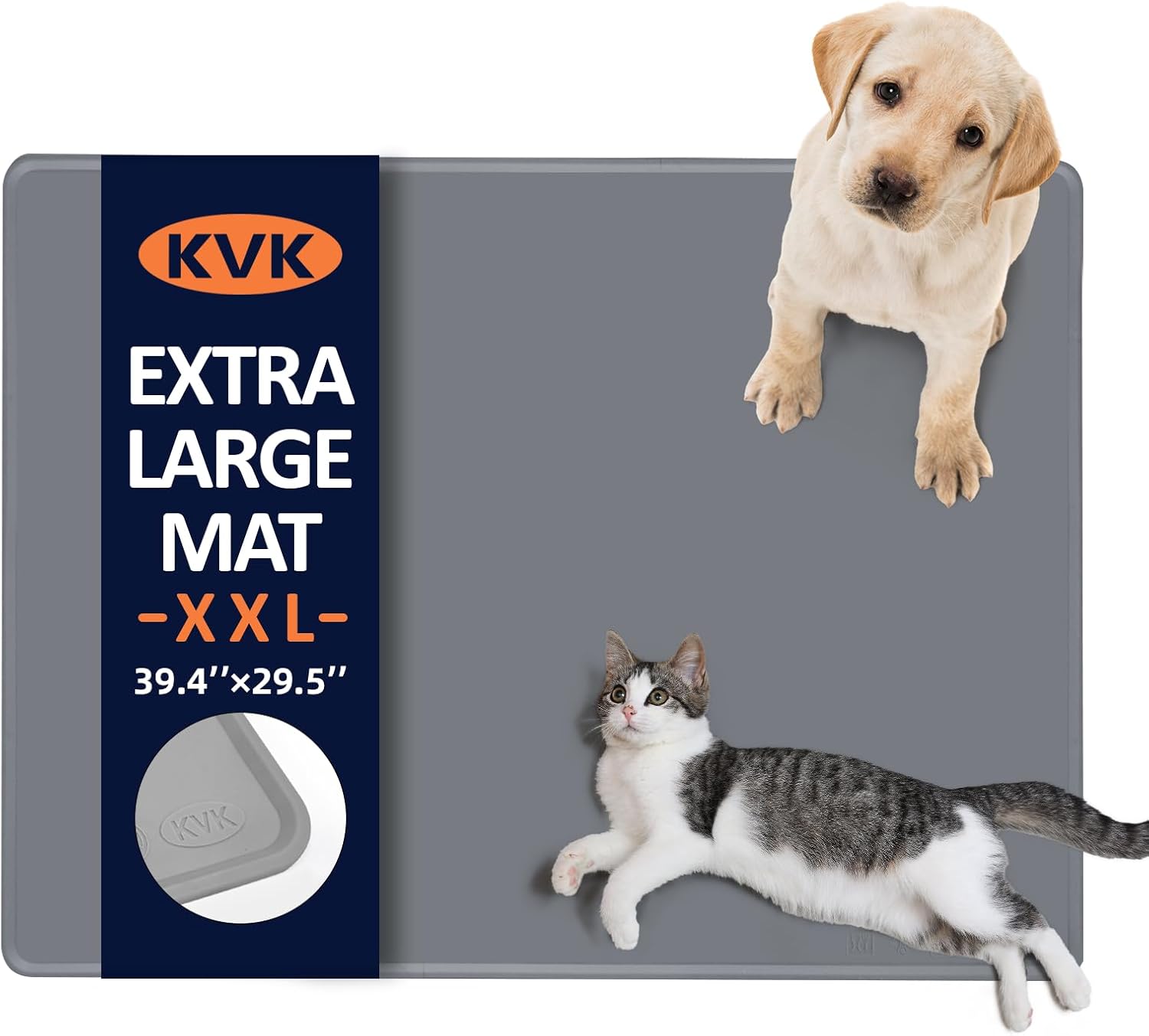 KVK Dog Food Mat, 39.4×29.5in Extra Large Silicone Pet Feeding Mat - Waterproof, Non - Slip, Chew - Resistant for Food & Water, Protect Floors (Light Gray) - Pet Explorer