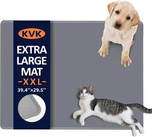 KVK Dog Food Mat, 39.4×29.5in Extra Large Silicone Pet Feeding Mat - Waterproof, Non - Slip, Chew - Resistant for Food & Water, Protect Floors (Light Gray) - Pet Explorer