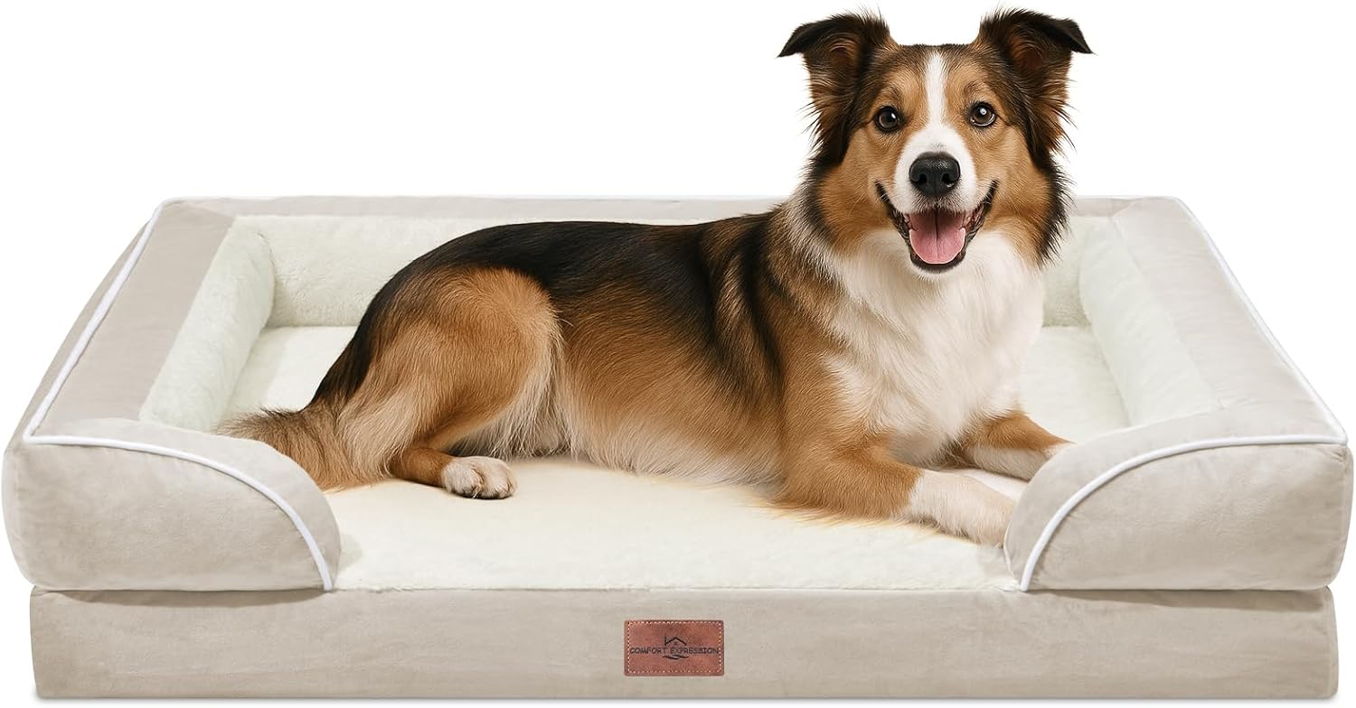 Comfort Expression Large Dog Beds Waterproof Orthopedic Foam Dog Sofa Beds Comfy Pet Bed with Washable Removable Cover & Non-Slip Bottom(Large,Beige) - Pet Explorer