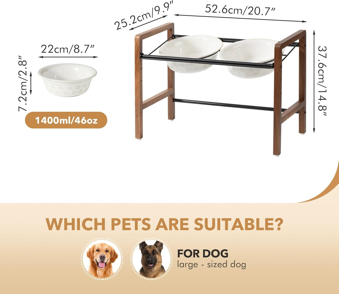 8.7inch Ceramic Adjustable Raised Double Bowls Set with Stand, 3 Heights Elevated, 2 Placement Options, Food and Water Dishes for Large Dog(Double Bowls+Stand, Reactived Glaze -White) - Pet Explorer