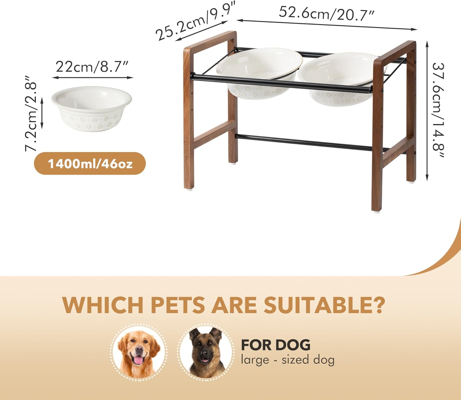 8.7inch Ceramic Adjustable Raised Double Bowls Set with Stand, 3 Heights Elevated, 2 Placement Options, Food and Water Dishes for Large Dog(Double Bowls+Stand, Reactived Glaze -White) - Pet Explorer
