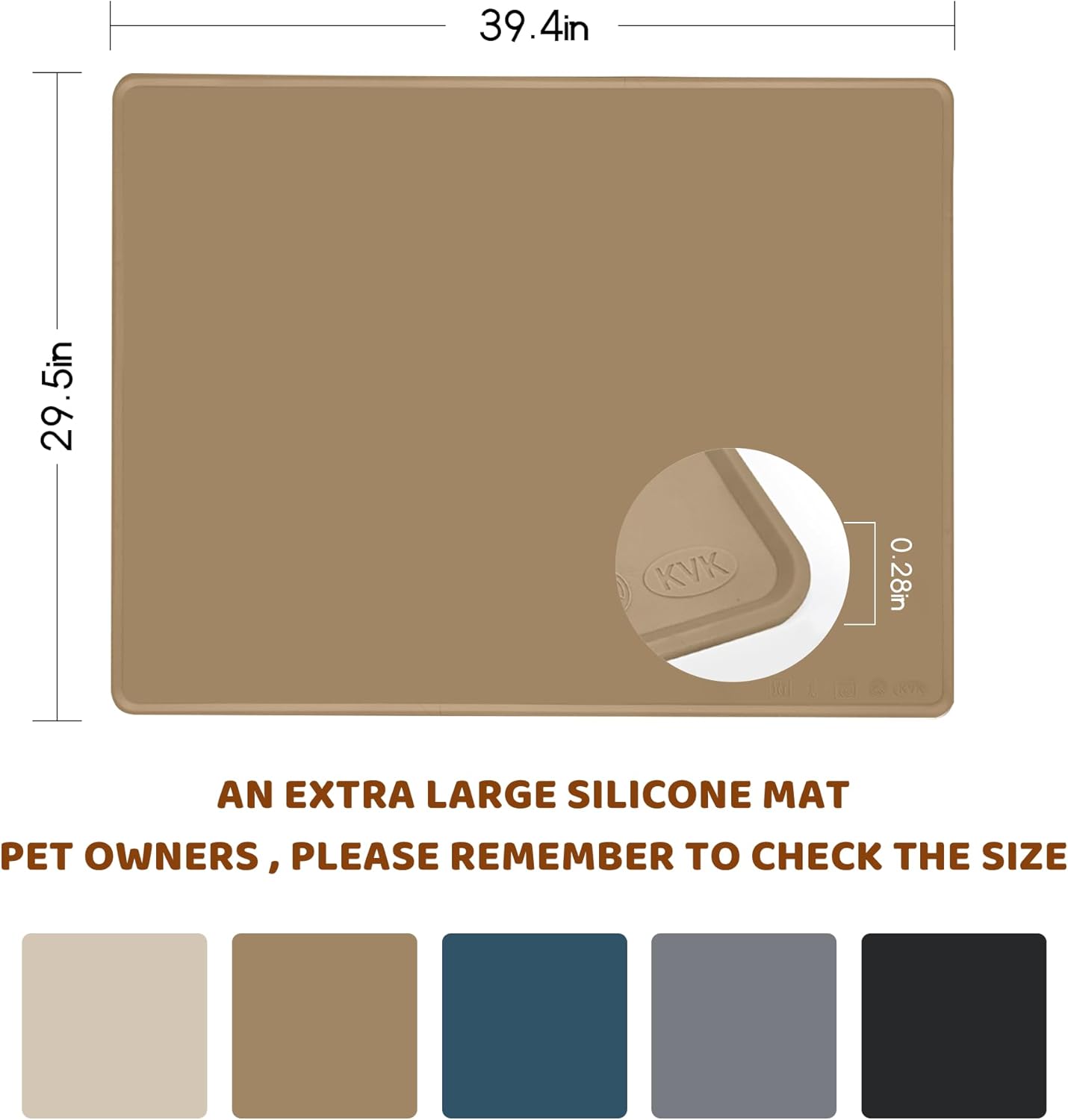 KVK Dog Food Mat, 39.4×29.5in Extra Large Silicone Pet Feeding Mat - Waterproof, Non - Slip, Chew - Resistant for Food & Water, Protect Floors (Brown) - Pet Explorer