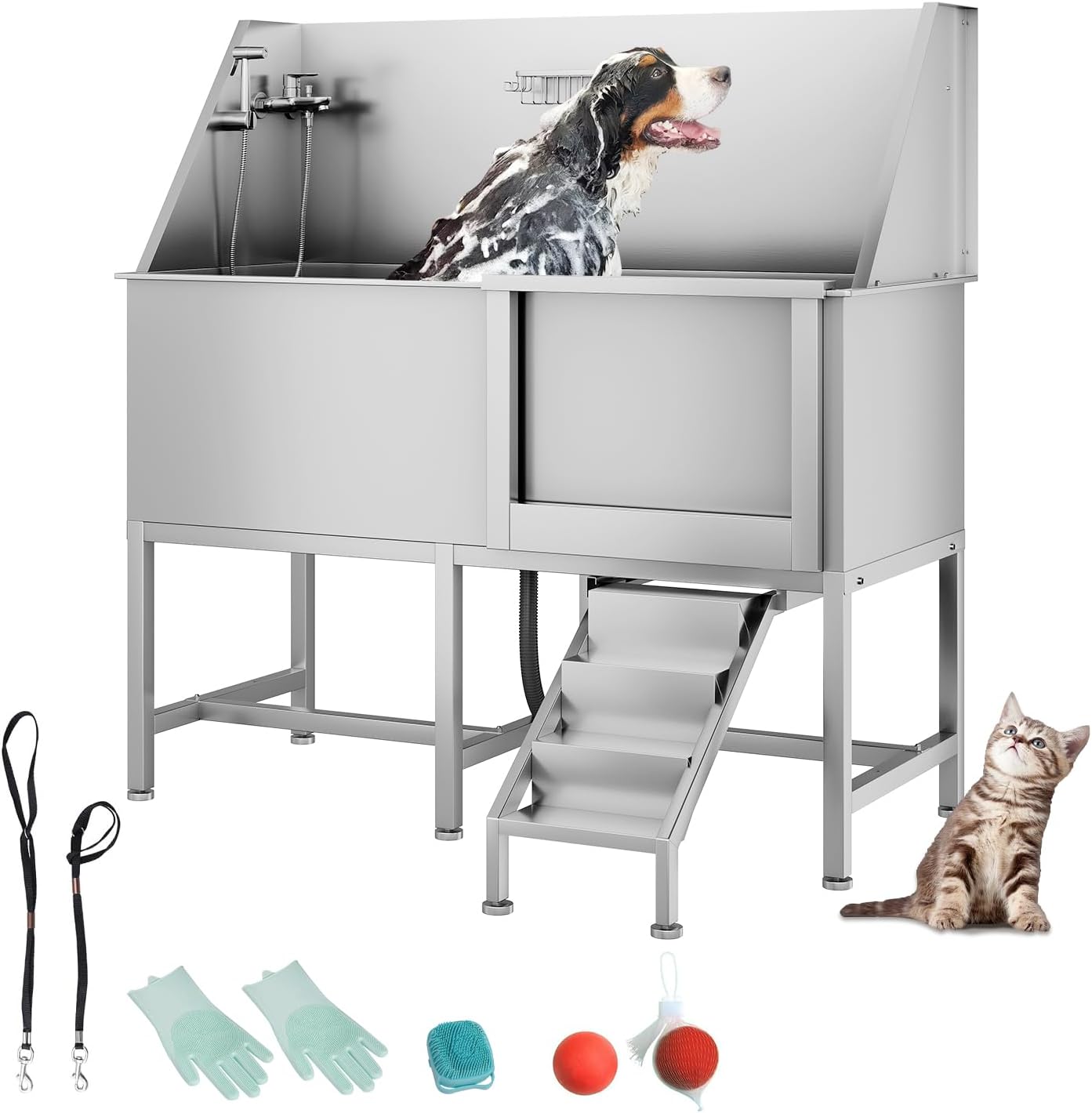 50" Pet Dog Bathing Station, Stainless Steel Dog Bathtub W/Ramp, Floor Grate, Dog Bath Brush, Washing Gloves for Home, Professional Dog Washing Station for Pets (50 Inch Right Door) - Pet Explorer