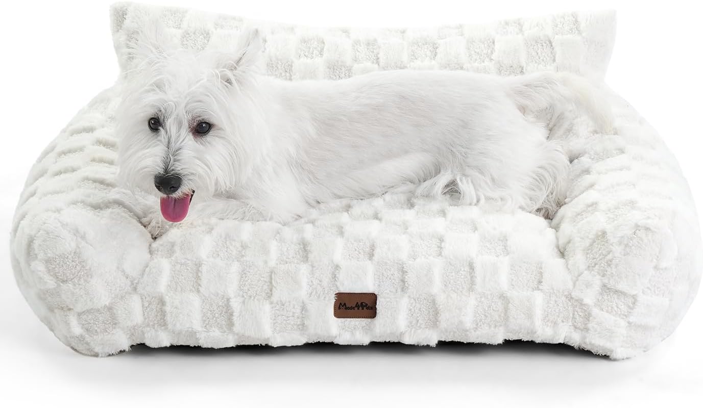 Made4Pets Cat and Dog Couch Bed, Soft Faux Fur Checkered Pet Sofa, Cozy Fluffy Pet Sofa with Supportive Foam, Removable Washable Cover with Non-Slip Base, White, Medium - Pet Explorer