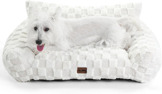 Made4Pets Cat and Dog Couch Bed, Soft Faux Fur Checkered Pet Sofa, Cozy Fluffy Pet Sofa with Supportive Foam, Removable Washable Cover with Non-Slip Base, White, Medium - Pet Explorer