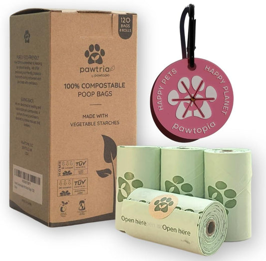 Pawtria Certified Home Compostable Dog Poop Bags (120) + Pink Poop Bag Carrier, Biodegradable Poop Bags, Vegetable Starches, Leak proof Dog Waste Bags, Light-weight silicone made bag carrier - Pet Explorer