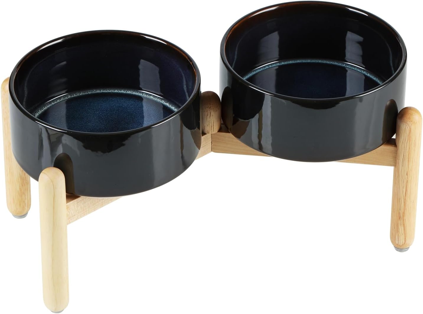 Ceramic 7.3inch Raised Double Bowls Set with Wooden Stand, Food & Water Bowls for Medium Breed Dogs, Weighted Dog Dishes, Pet Feeder(Starry Sky) - Pet Explorer