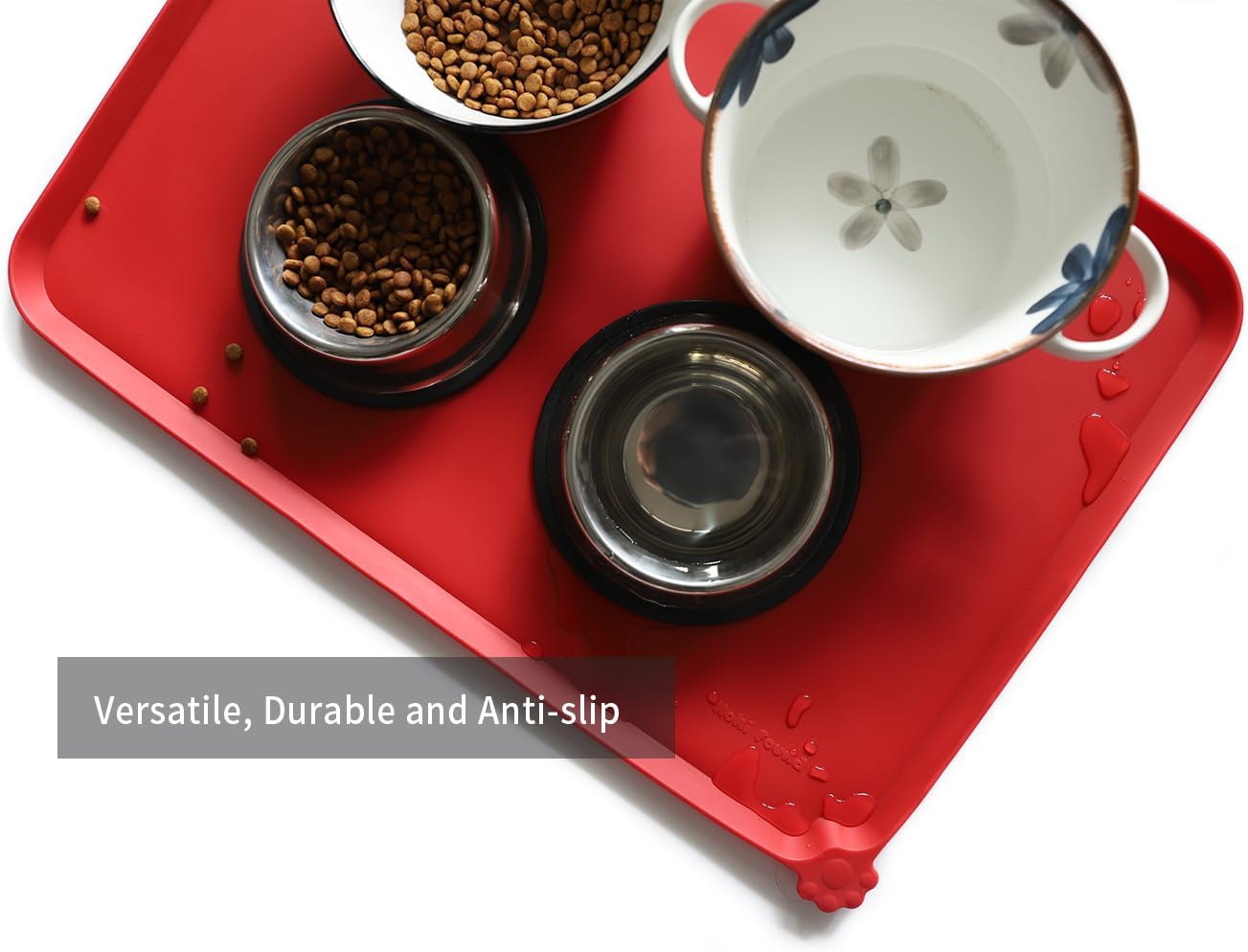 Hoki Found Large Silicone Non-Slip Pet Dog Cat Bowl Mats - Waterproof Dog Cat Food Mats - Classic Red - Pet Explorer