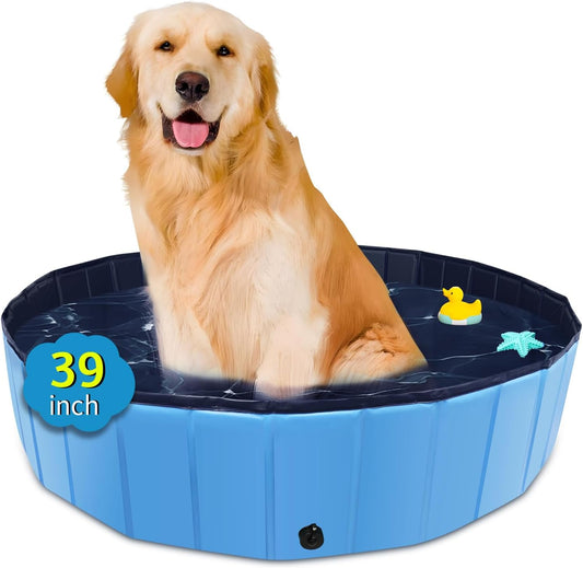 Foldable Dog Pool, 39" x 12" Kiddie Pool with Hard Plastic, Non-Slip Dog Bath Tub for Outdoor Backyard, Collapsible Dog Swimming Pool for Kids Dogs Pets (Blue) - Pet Explorer