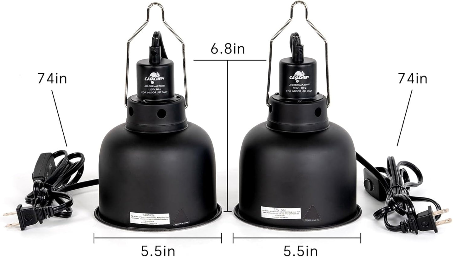 2 Pack Reptile Light Fixture, 5.5in Deep Dome Reptile Lamp Fixture, Optical Reflection Cover, Separate Switche & Hook, Terrarium Light Fixture for Reptile Heat Basking UVB Bulbs, 100W, Black - Pet Explorer