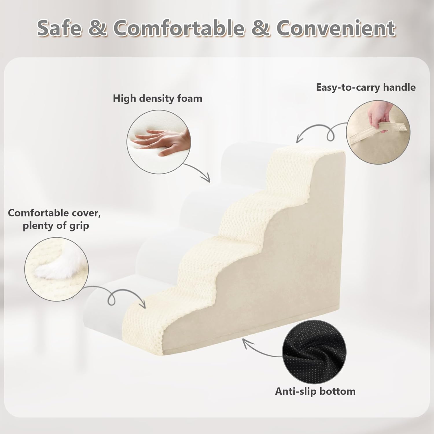 MIHIKK Dog Stairs Ramp, Curved 4-Step Dog Steps for Small Dogs and Cats, Pet Stairs for High Beds and Couch with Anti-Slip Washable Cover and Durable High Density Foam, Beige - Pet Explorer