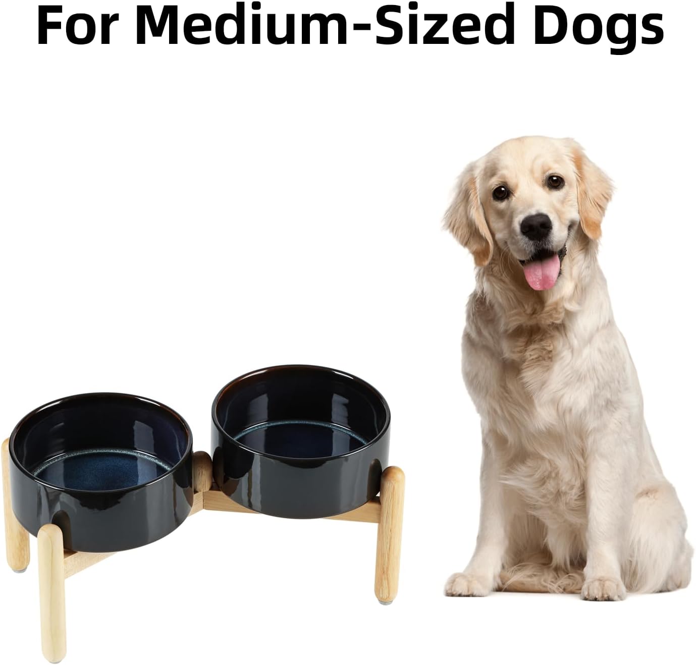 Ceramic 7.3inch Raised Double Bowls Set with Wooden Stand, Food & Water Bowls for Medium Breed Dogs, Weighted Dog Dishes, Pet Feeder(Starry Sky) - Pet Explorer