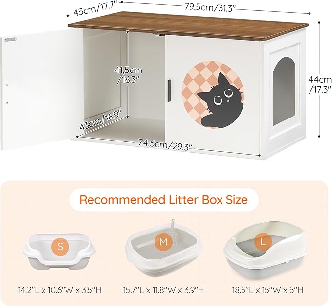 HOOBRO Hidden Litter Box Furniture, Large Cat Litter Box Enclosure Furniture, Wooden Litter Box Cabinet with Cute Cat Patterns & Arched Entrance, 31.3" L x 17.7" W x 17.3" H, White & Walnut
