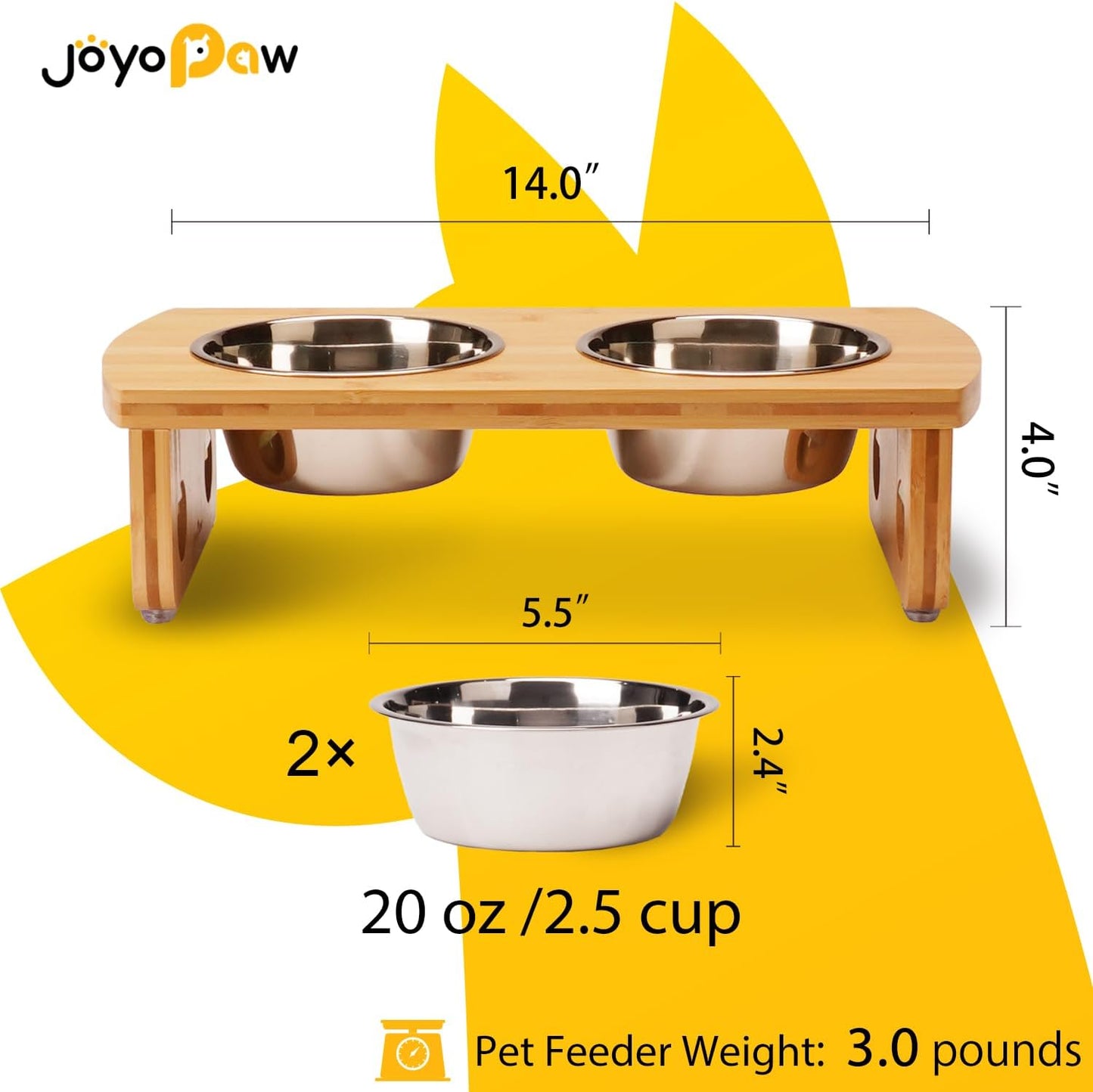 Elevated Dog Bowls, Bamboo Raised Dog Bowl for Small Dogs & Cats, with 2 Stainless Steel Bowls (4'' Tall-20oz Bowl, Natural) - Pet Explorer