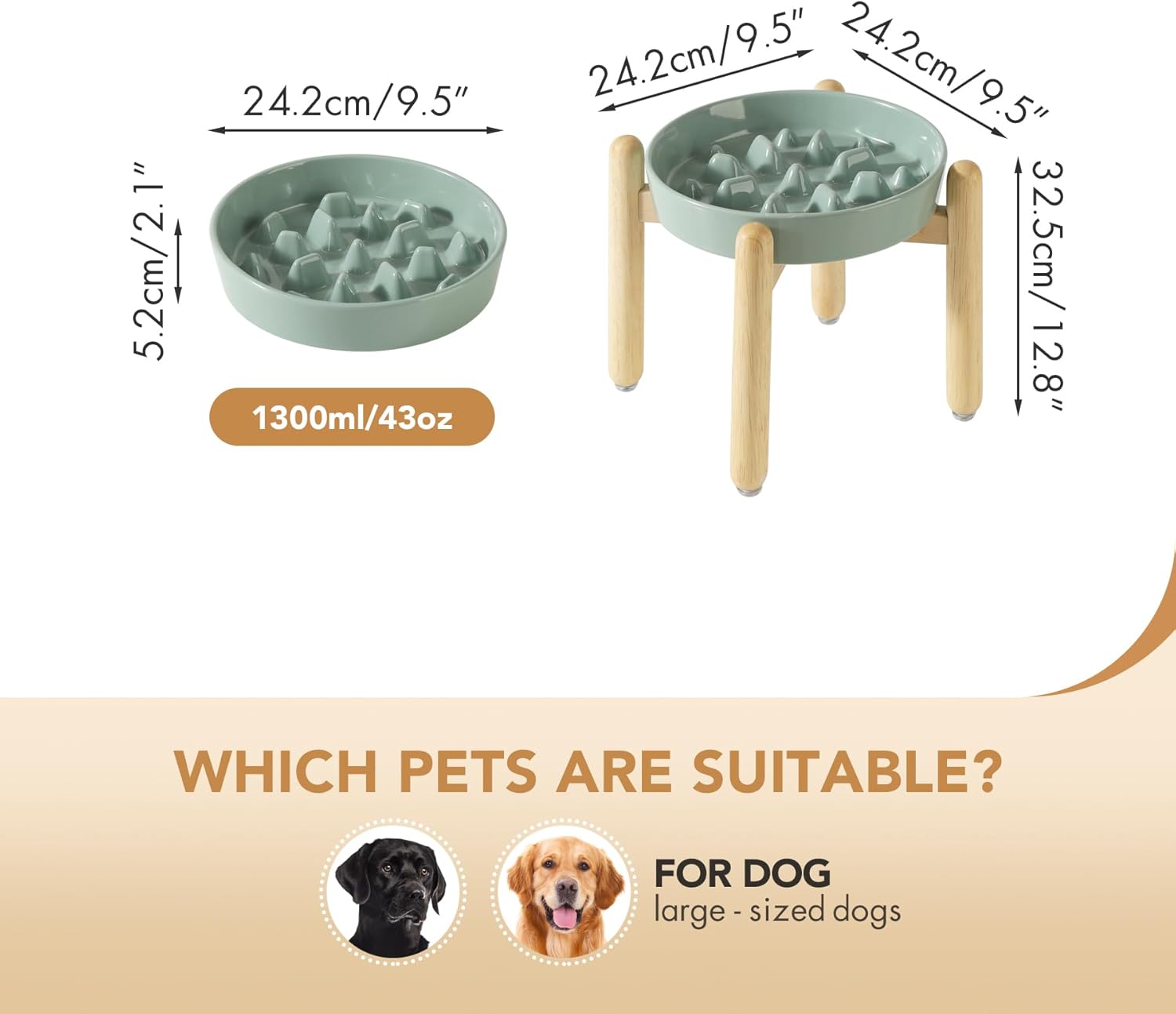 9.5inch Ceramic Dog Raised Slow Feeder Set, Elevated Bowl with Wooden Stand for Large Dog, Slow Feeder Dish for Fast Easters, Stop Bloat(Light Green, Single Bowl+ Stand) - Pet Explorer