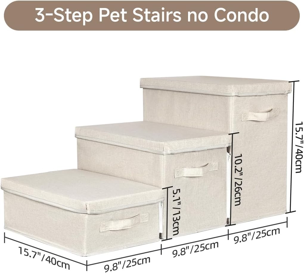 Pet Stairs with Storage, Pet Step for Small Dogs and Cats, 3-Step Folding Pet Steps with Zip, Cat Stairs Dog Steps for Bed, Couch and Car Ramp (Beige, 3 Steps no Condo) - Pet Explorer