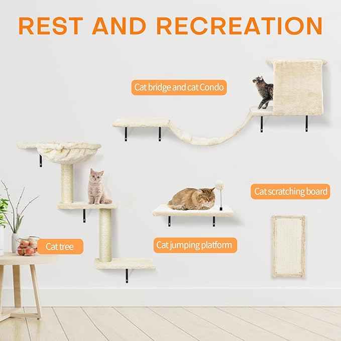 Cat Wall Shelves, Multi-Level Cat Climbing Furniture, Space-Saving Wall-Mounted Cat Climber Set with Perches,Bridge,Hammock,Scratching Board & Ball for Indoor Cat Play (Dark Grey)