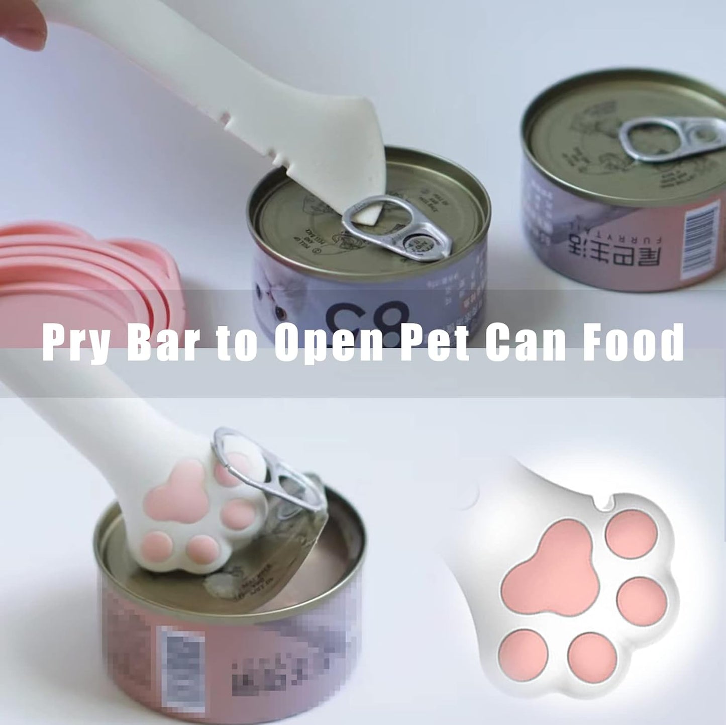 Meow&Woof Cute Cat Pet Can Food Cover with Spoon - One Lid and One Spoon Pack (White&Pink)