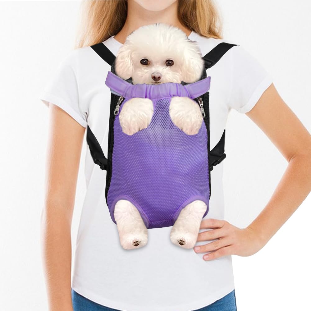 FEimaX Dog Carrier Backpack Pet Legs Out Front Cat Travel Bag, Adjustable Puppy Backpacks Carriers Hands-Free for Small Medium Dogs Cats Hiking Traveling Camping Daily Walking (Small, Purple)