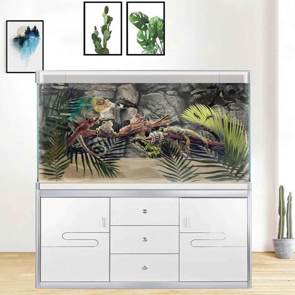 24X16IN Stone Aquarium Background, Rock Fish Tank Background, Natural Rocky Glass Terrarium Background with 8 EVA Double-Sided Tape
