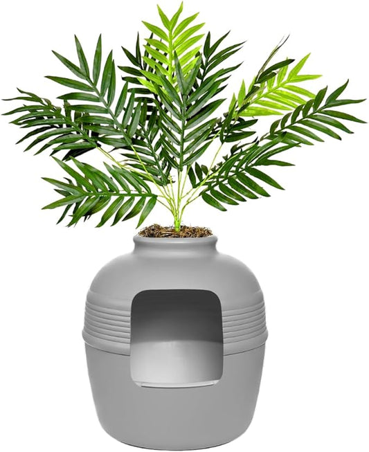 Good Pet Stuff Hidden Litter Box Planter, Decorative Cat Litter Enclosure with Carbon Filter, Artificial Plant, Easy Clean, Removable Liner, Round Style, Essentials Kit, Pebble Gray