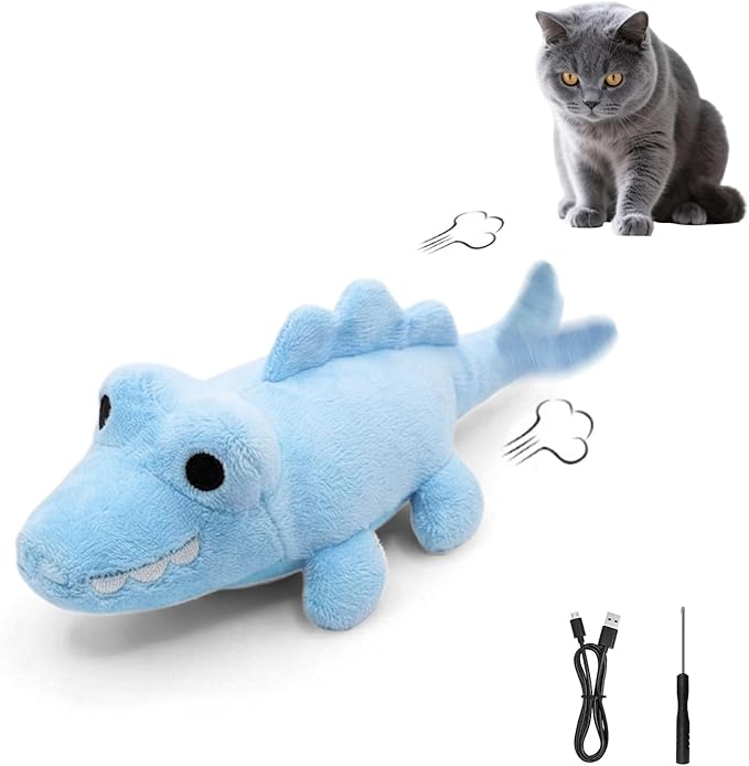 Interactive Cat Toys for Indoor Cats – Auto Moving Alligator with 360° Random Movement & Tail Wagging, Rechargeable Cat Exercise Toy with Catnip, Self-Play Fun for Bored Adult Cats-Blue