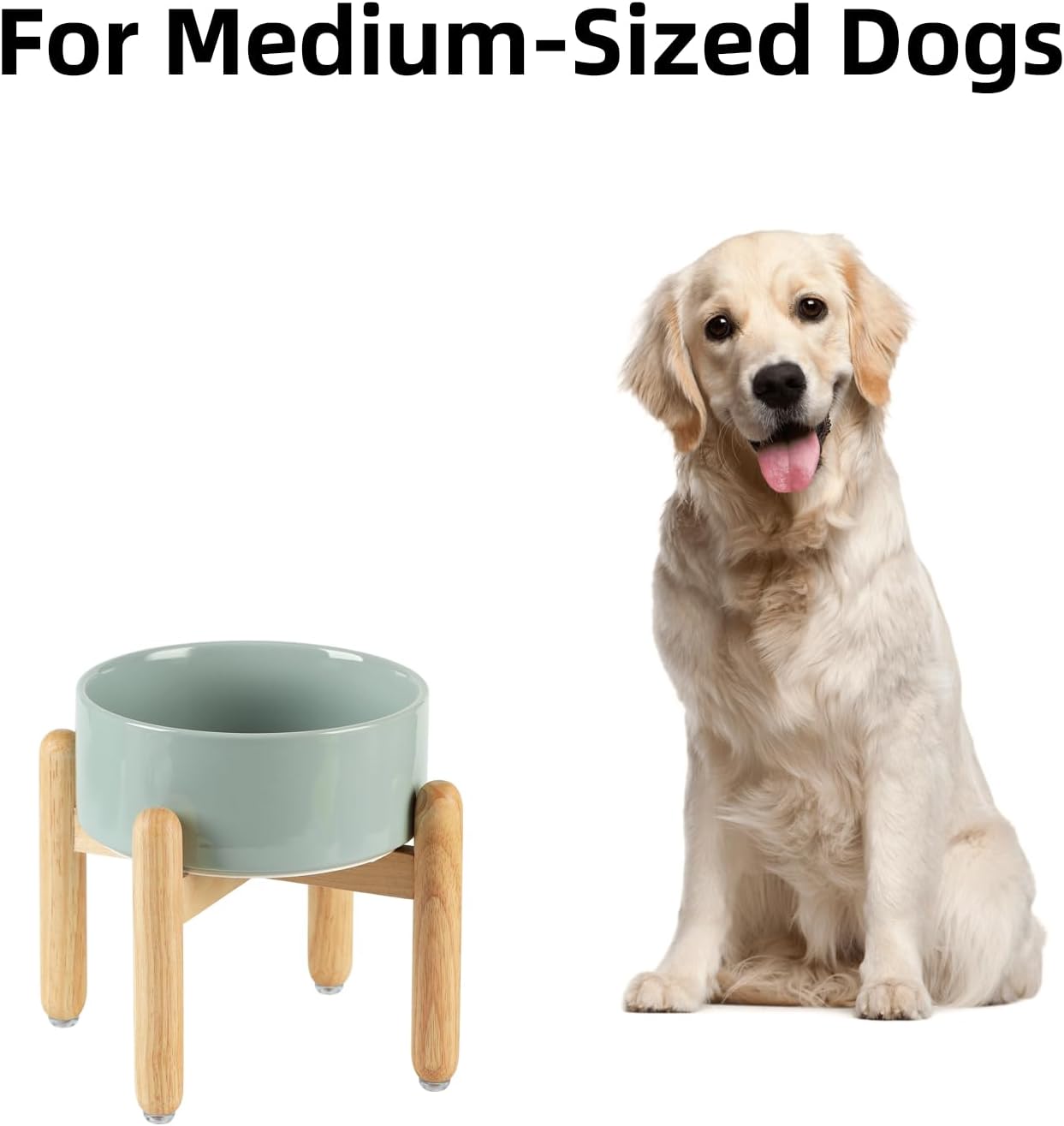 Ceramic 7.3inch Raised Dog Bowl Set, Elevated with Wooden Stand, Food and Water Bowl for Medium Breed Dogs, Weighted Dog Dishes, Pet Feeder(Light Green) - Pet Explorer