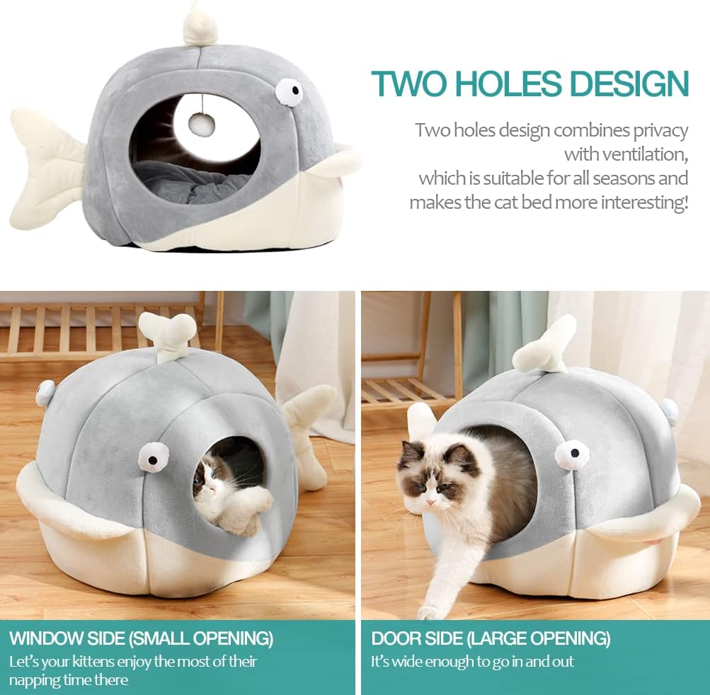 Lcybem Cat Beds for Indoor Cats - Cat Bed Cave with Removable Washable Cushioned Pillow, Calming Cozy Soft Cat Cave, Cute Friendly Dolphin Cat Houses for Indoor Cats No Deformation Pet Bed, L - Pet Explorer