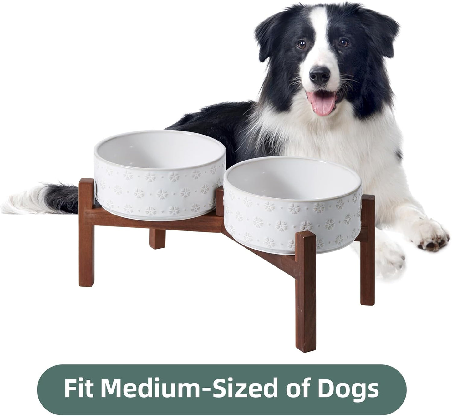 7.3inch Ceramic Raised Double Bowls Set with Acacia Wood Stand, Food & Water Bowls for Medium Breed Dogs, Weighted Dog Dishes, Pet Bowl(41OZ, Arctic White) - Pet Explorer