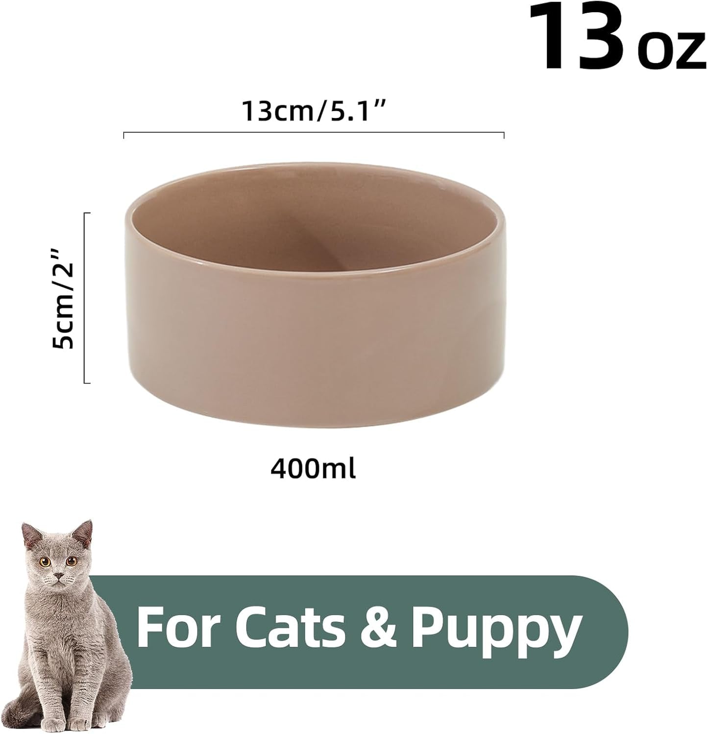 Ceramic 5.1inch Set of 2 Dog and Cat Bowls, 2pcs Anti-Slip Food and Water Feeder Dishes for Puppies, Kitties, Cats(2 Bowls, Brown Coffee) - Pet Explorer