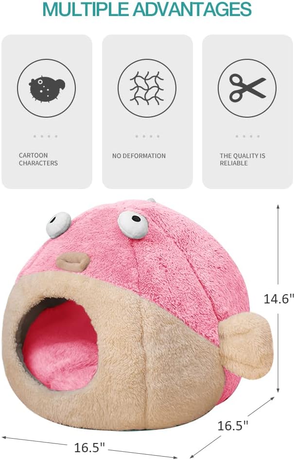 Cat Beds for Indoor Cats - Cat Bed Cave with Removable Washable Cushioned Pillow, Soft Plush Premium Cotton No Deformation Pet Bed, Lively Pufferfish Cat House Design, Pink, Multiple Sizes(L) - Pet Explorer