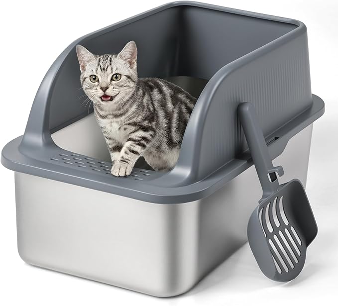 Stainless Steel Cat Litter Box with High Sided Lid, Metal Kitty Litter Box with Scoop for Small & Medium Cats, Anti-Urine Leakage, Easy to Clean,Non-Sticky,Grey