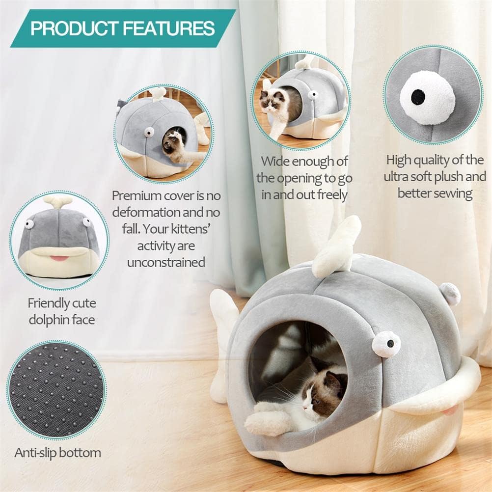 Lcybem Cat Beds for Indoor Cats - Cat Bed Cave with Removable Washable Cushioned Pillow, Calming Cozy Soft Cat Cave, Cute Friendly Dolphin Cat Houses for Indoor Cats No Deformation Pet Bed, L - Pet Explorer