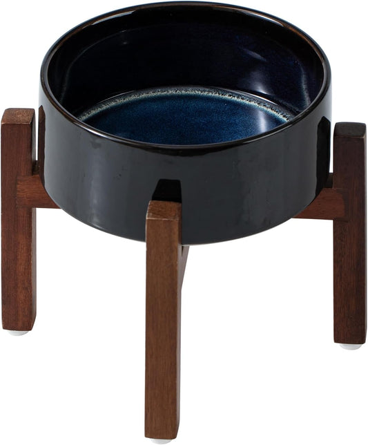 Ceramic 7.3inch Raised Dog Bowl Set, Elevated with Acacia Wood Stand, Food and Water Bowl for Medium Breed Dogs, Weighted Pet Dishes(41oz, Starry Sky) - Pet Explorer