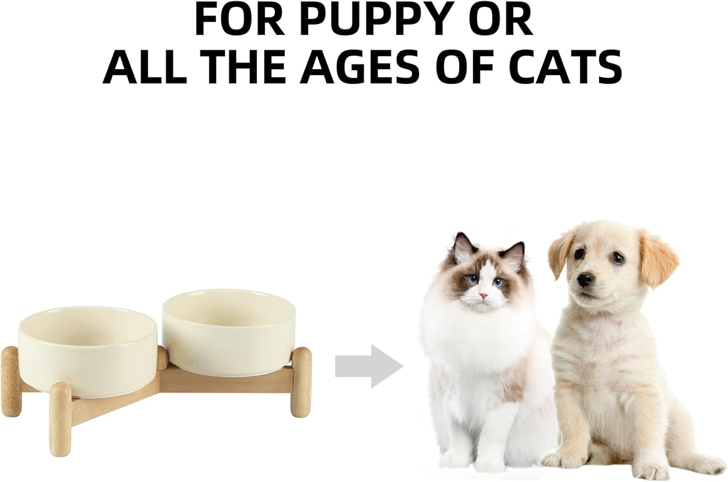 Ceramic 5.1inch Raised Double Bowls Set with Wooden Stand, Elevated Food & Water Bowls for Small Breed Dogs, Cats, Kitty, Weighted Dog Dishes, Pet Bowls(13.5oz, Beige) - Pet Explorer