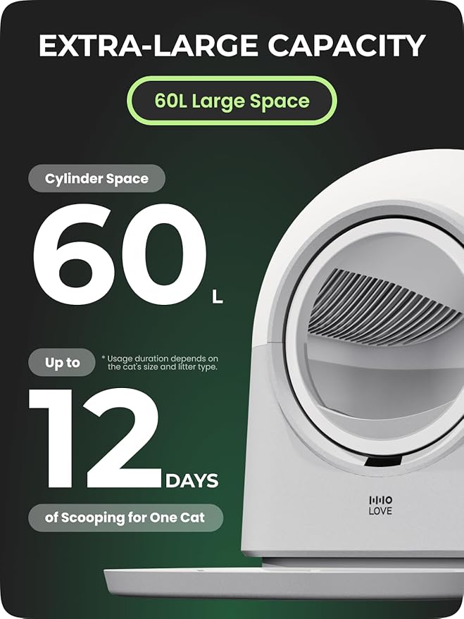 HHOLOVE L2 Self Cleaning Cat Litter Box Safe Anti-Pinch,with Deodorizer and Liner,Automatic Hands-Free Smart Robot Self Cleaning Litter Box - Large 60L Capacity, for Multiple Cats