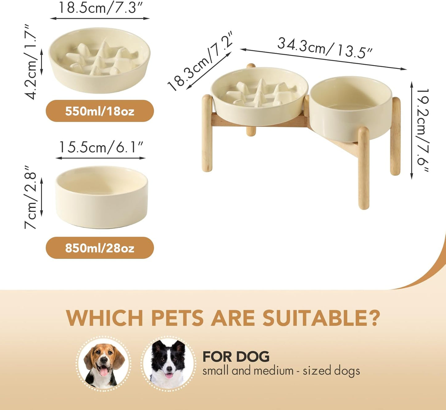 Ceramic Raised Slow Feeder Dog Bowl Set, Elevated 6.1inch Bowl and 7.3inch Slow Pet Food Dish with Wooden Stand for Small and Medium Dog (2 x Beige+ Stand) - Pet Explorer
