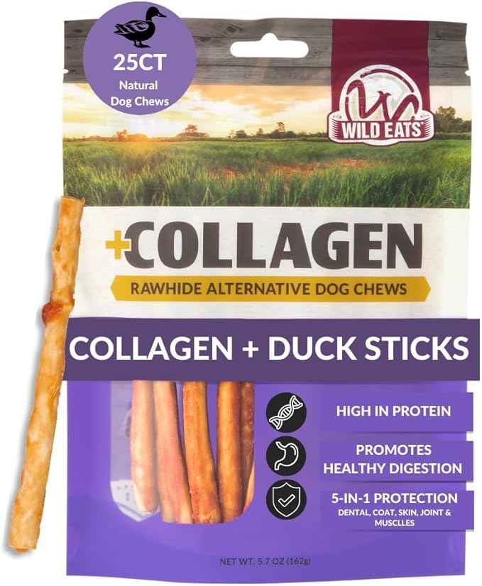 Wild Eats Real Duck Collagen Sticks for Dogs (25 Pack,5 Inch) Long Lasting Dog Chews No Hide Dog Treat Bully Stick Alternative, Rawhide Free, Grain Free, High Protein
