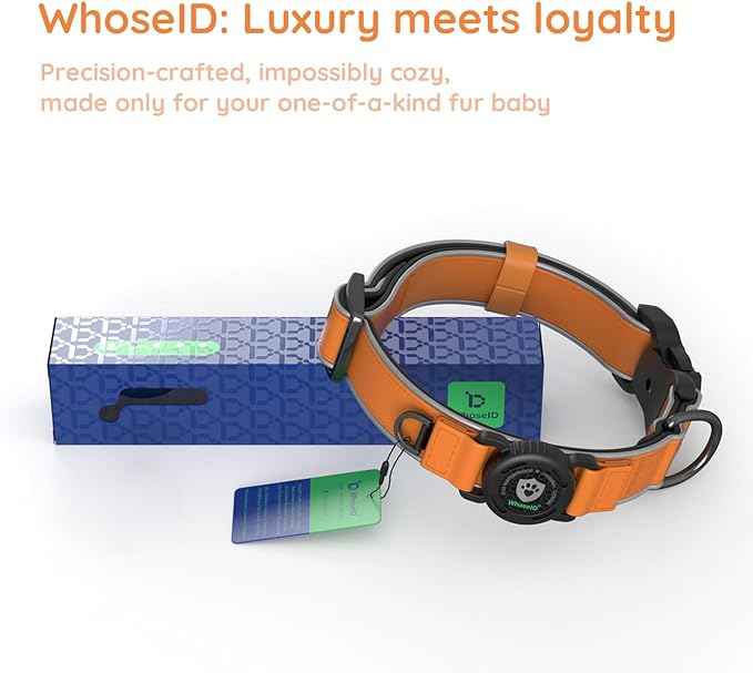 WhoseID Premium Leather Dog Collar - AirTag Dog Collar | Fur-Safe Magnetic Buckle | IPX8 Waterproof Reflective Small Dog Collar with AirTag Holder
