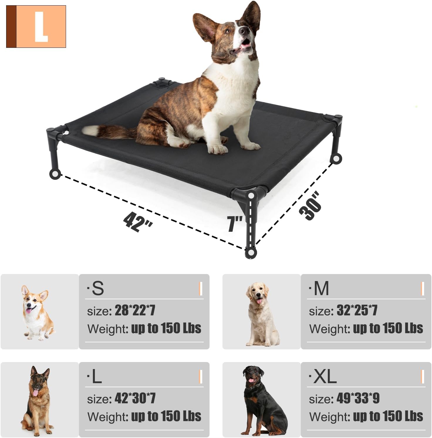 Elevated Dog Bed for Large Dogs - Heavy Duty, Recyclable Mesh, Fits Up to 150 LBs - Indoor & Outdoor, Green - Pet Explorer